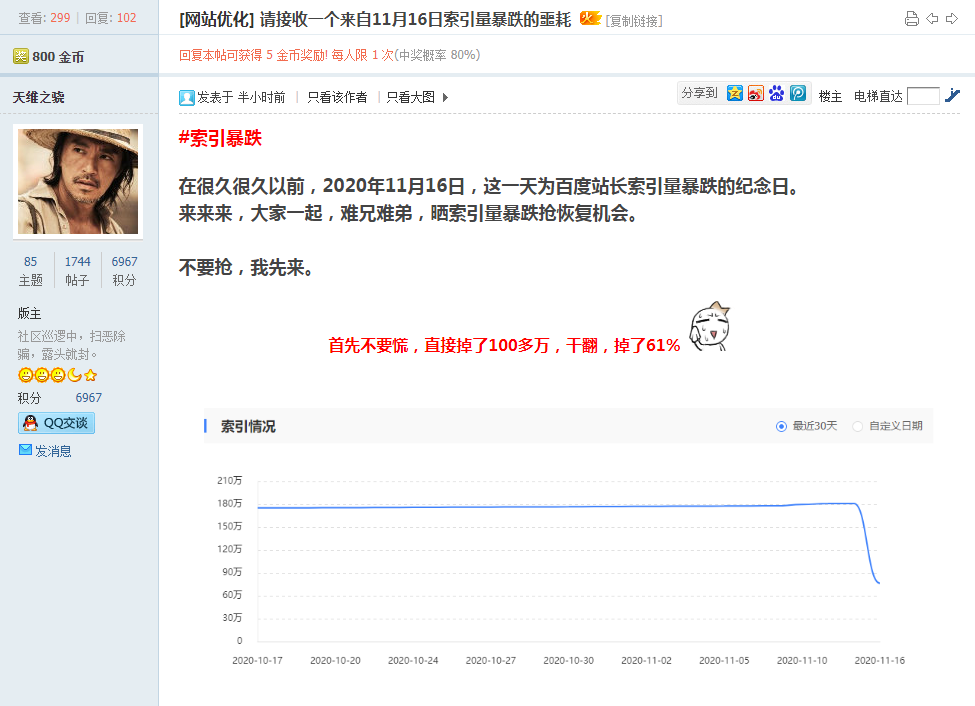 今日(11.16)百度索引量暴跌事件插图 今日(11.16)百度索引量暴跌事件